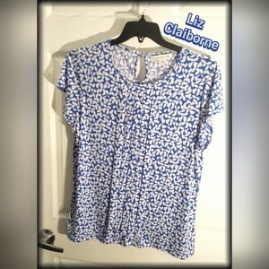 🦩LIZ CLAIBORNE blue & white short sleeve scoop neck pleated front blouse XL